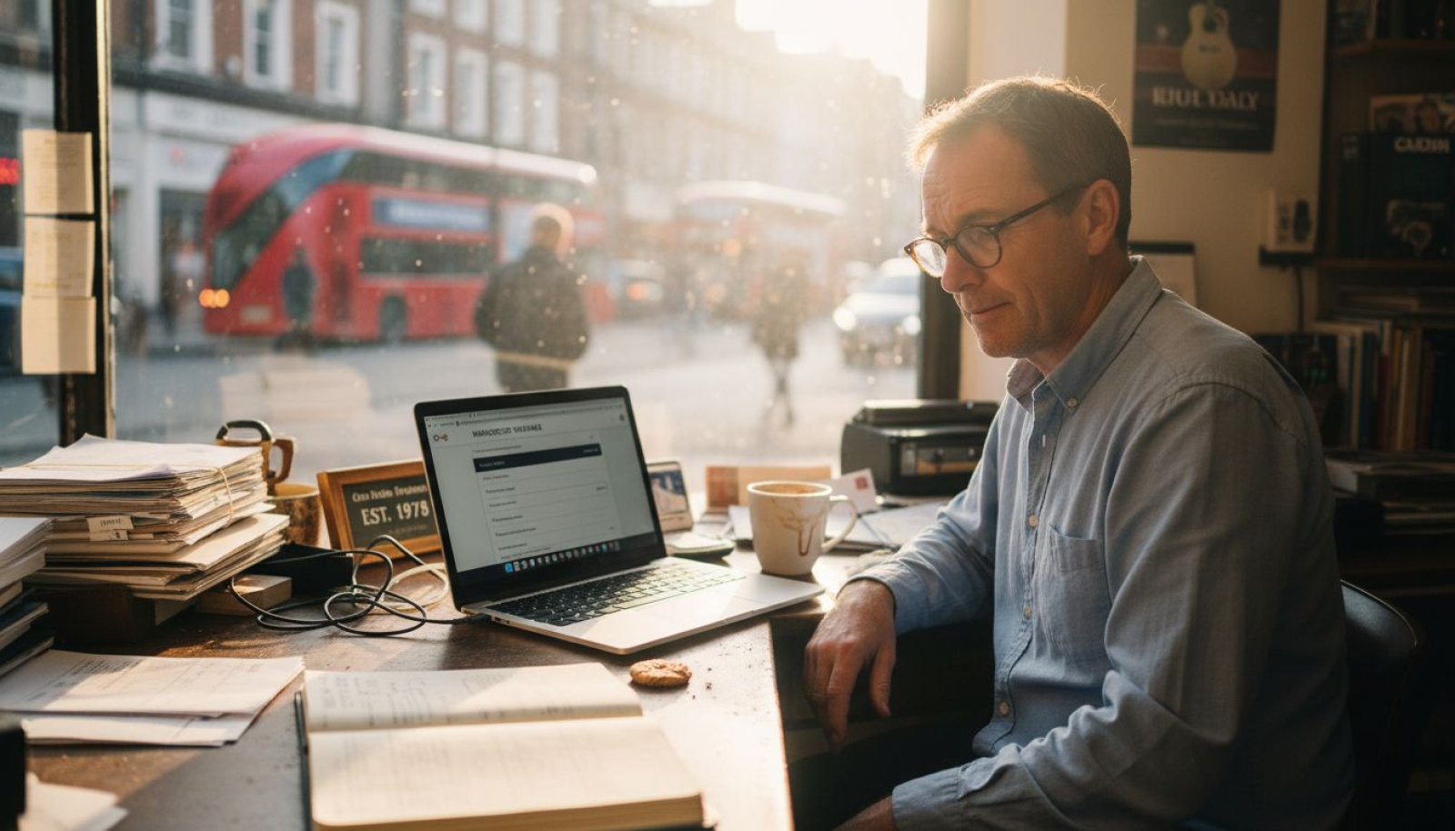 Small shop owner updating local SEO in UK office