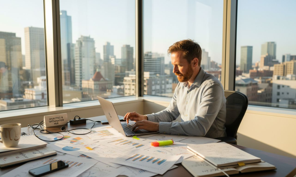 SEO consultant working at cluttered office desk