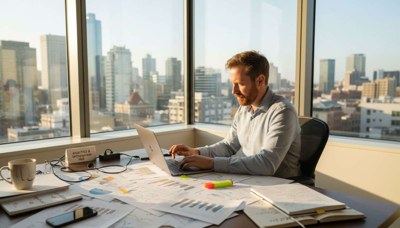 SEO consultant working at cluttered office desk