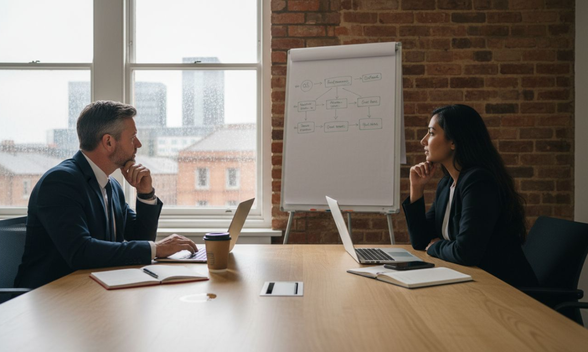 Team reviewing SEO data in Nottingham office