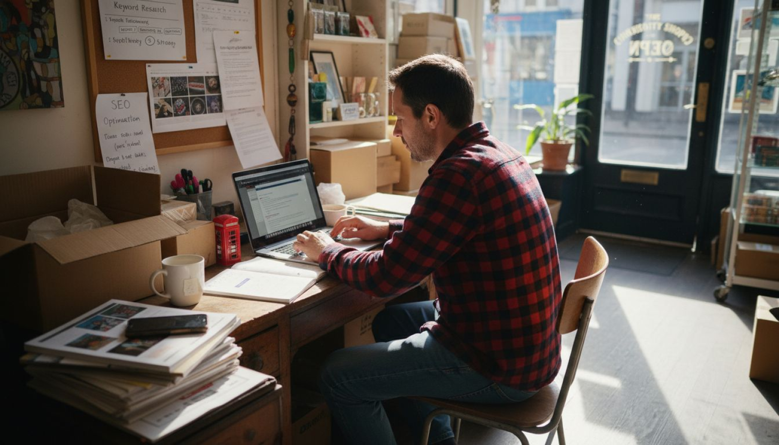 UK ecommerce owner adding backlinks at cluttered desk