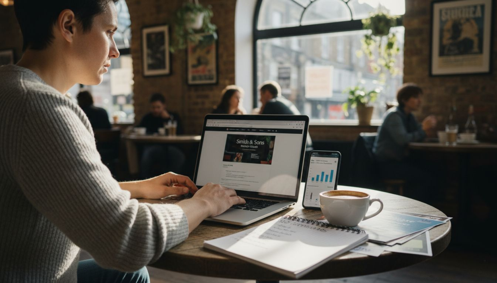 Local business owner updating website in café