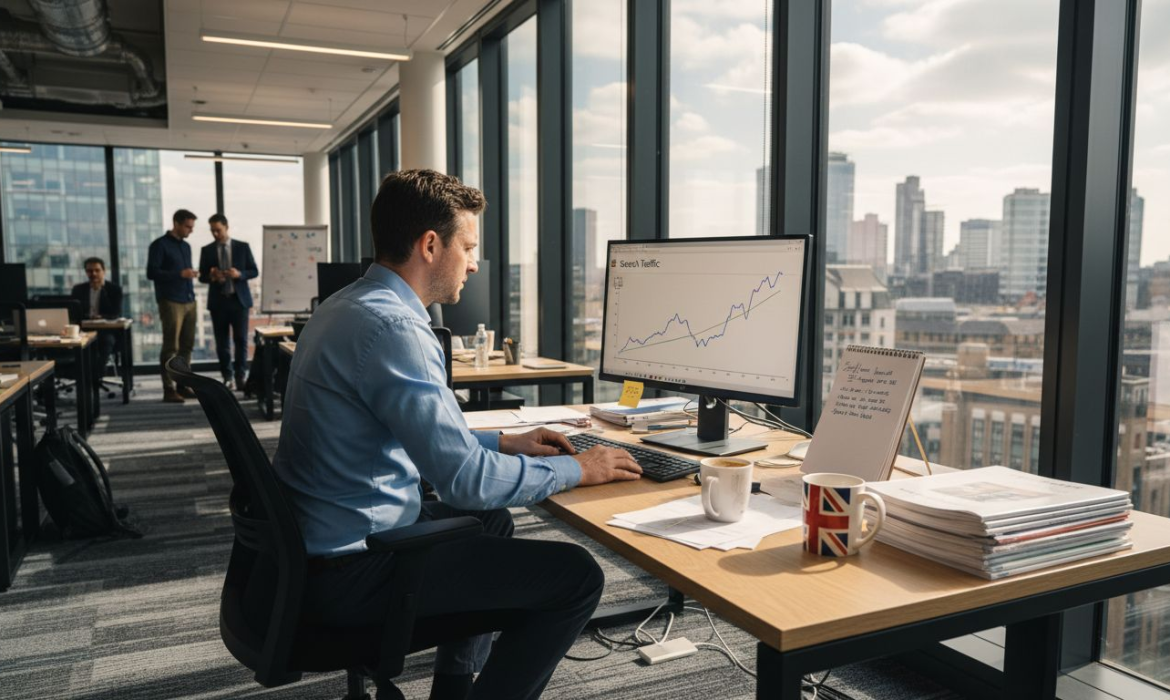 Man reviewing ecommerce SEO data in London office