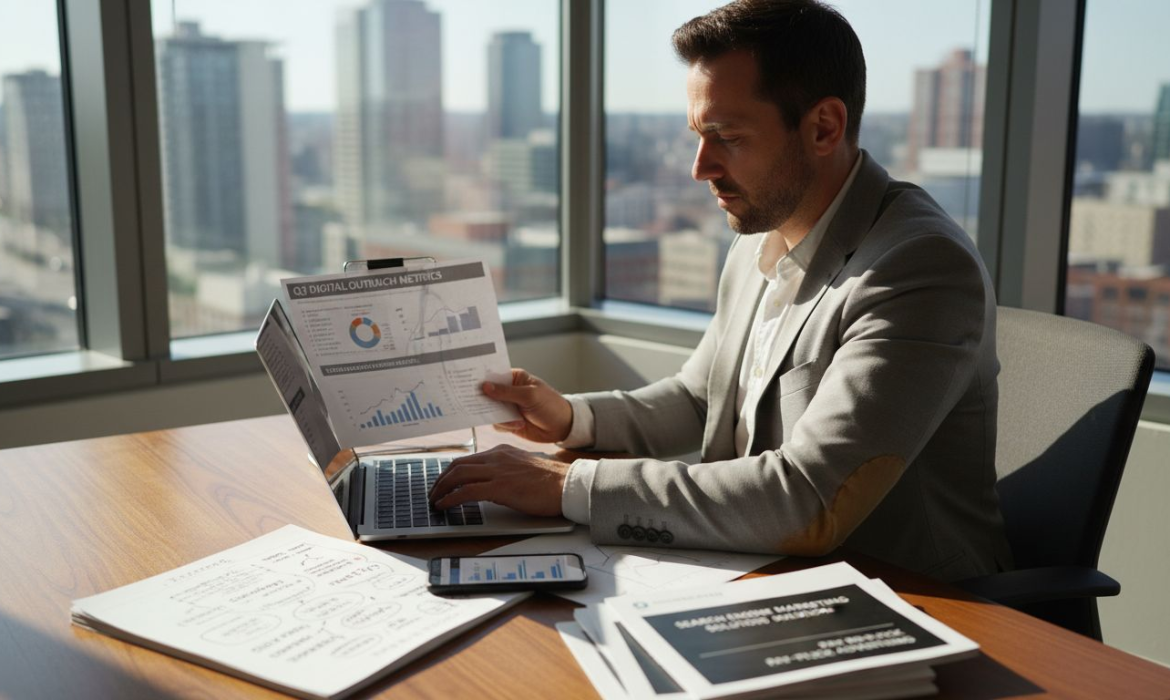 Business owner planning search marketing campaign