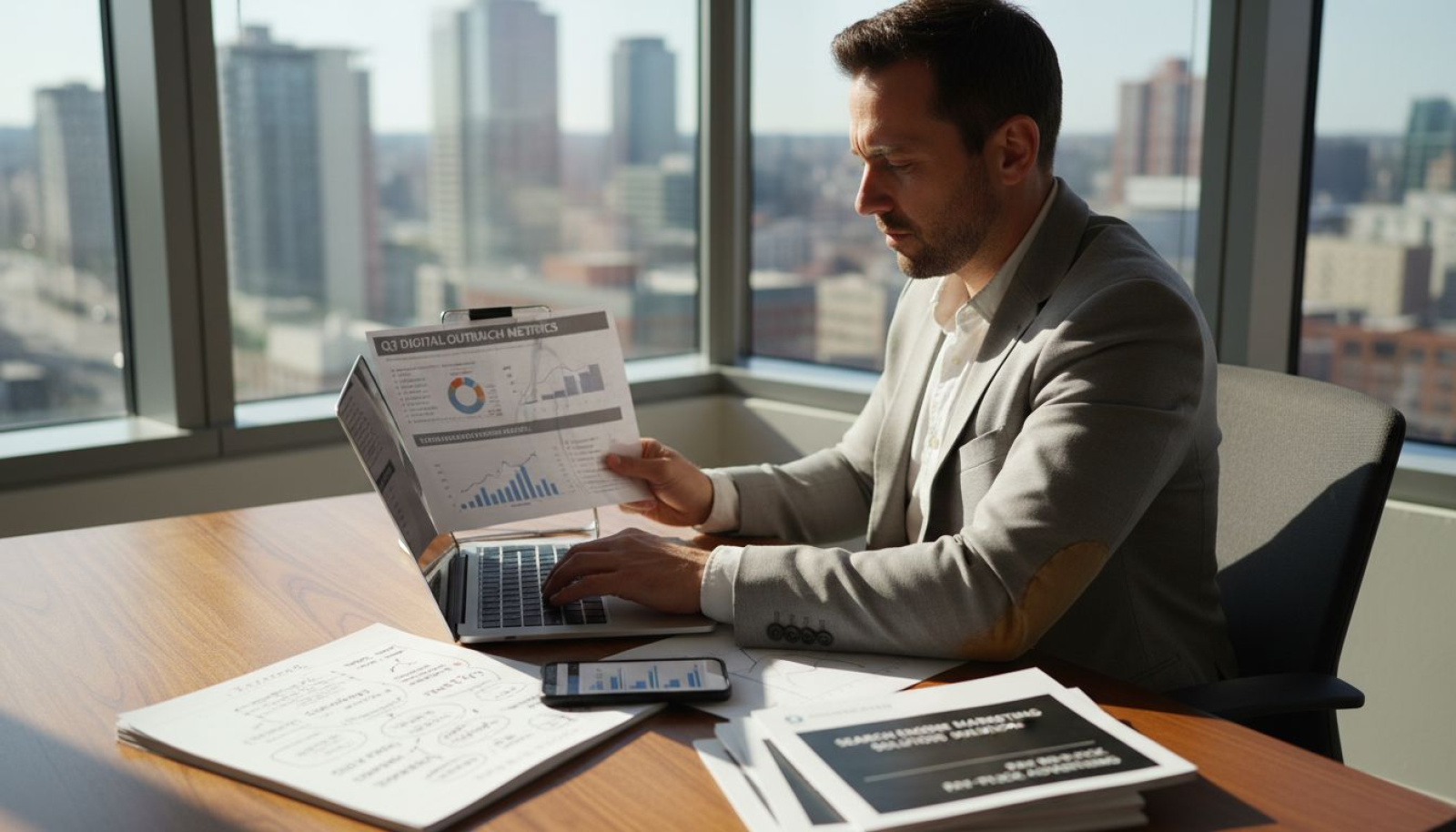 Business owner planning search marketing campaign