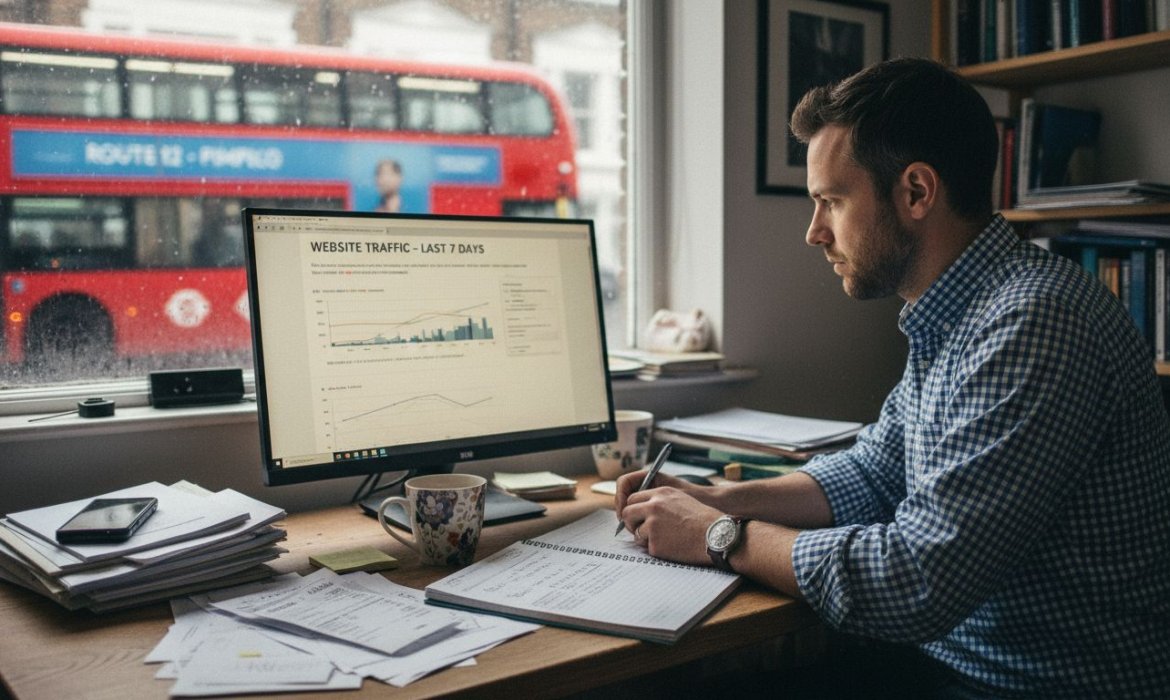 UK business owner checks website stats at cluttered desk