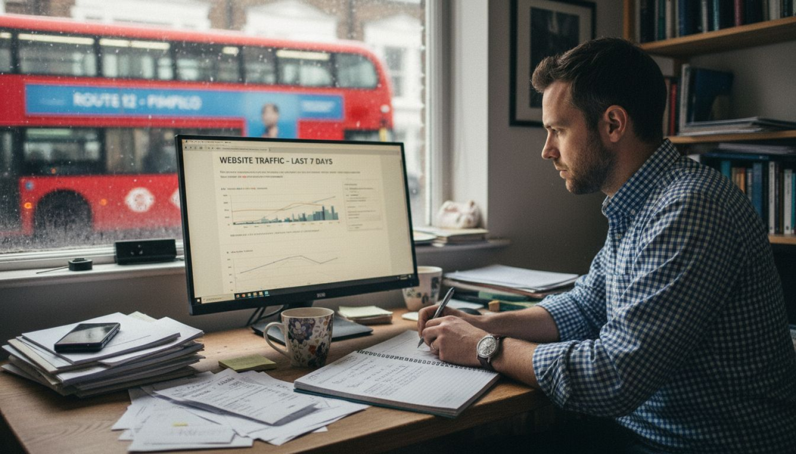 UK business owner checks website stats at cluttered desk