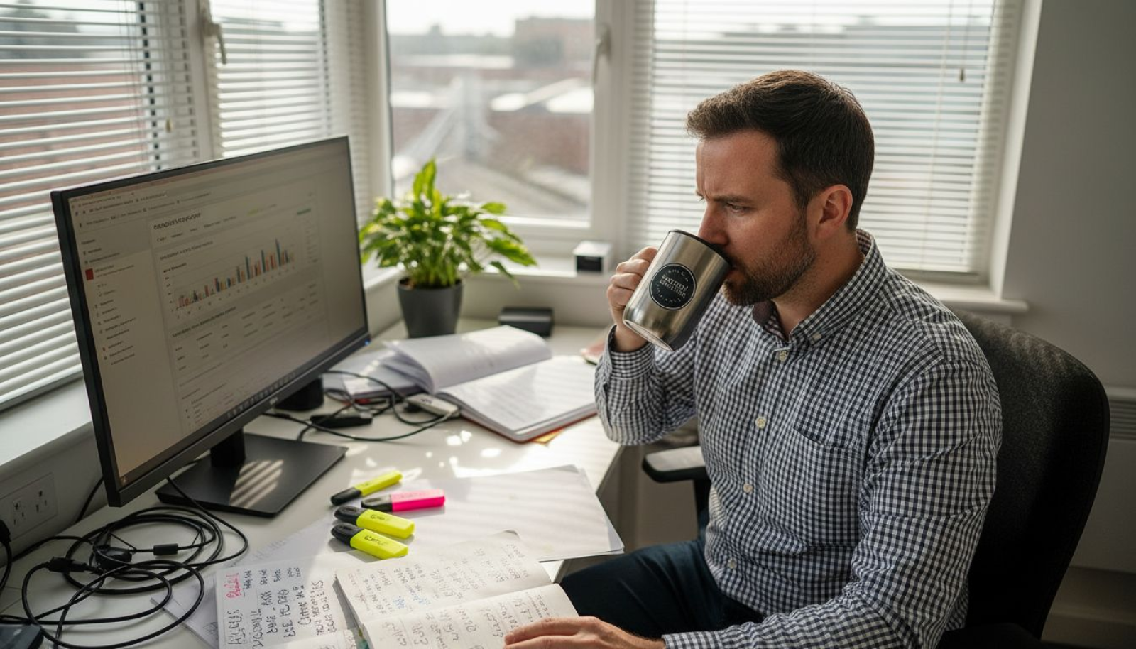 SEO manager checks analytics at cluttered office desk