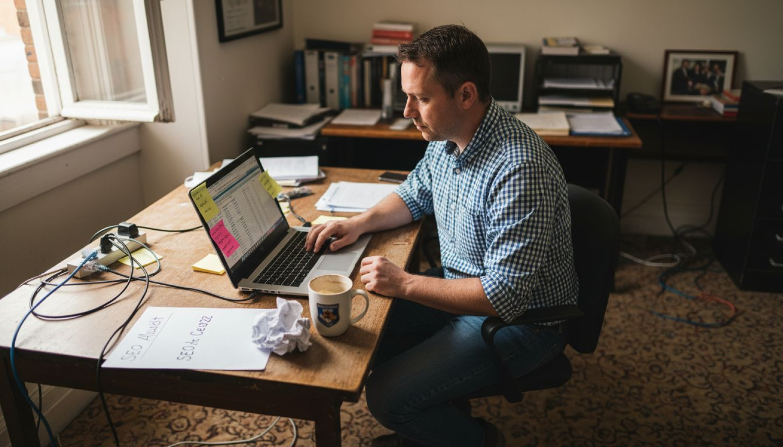 Business owner reviewing SEO report at city office