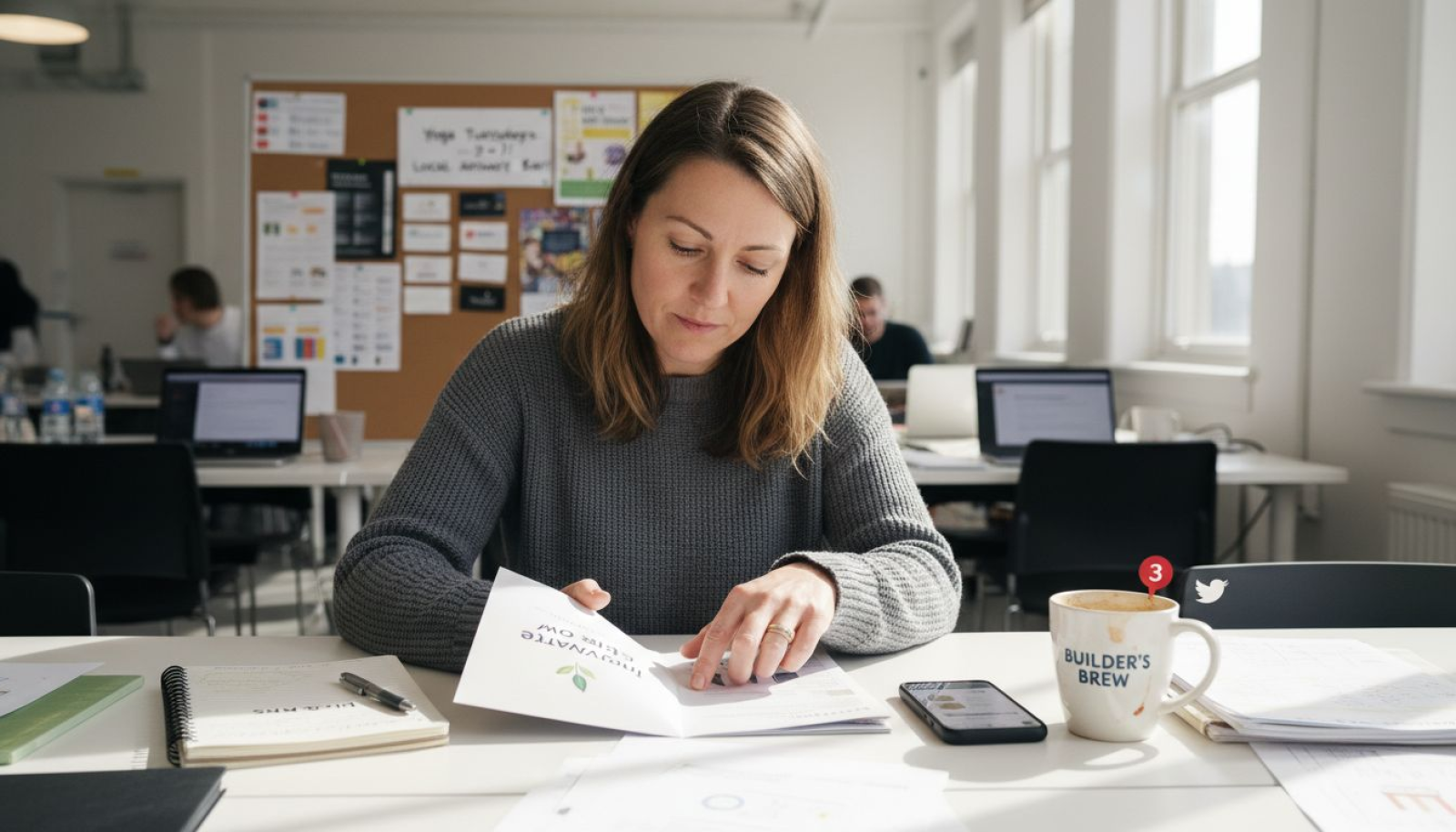 Small business owner reviewing branding materials