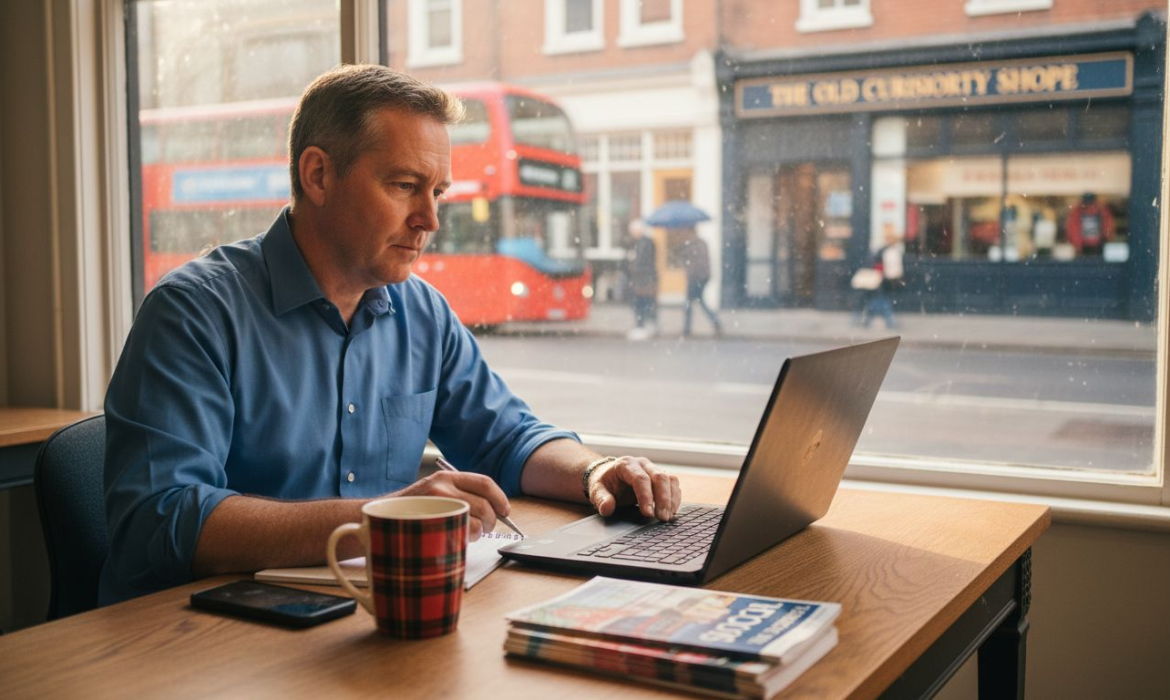 UK SME owner building backlinks in street office