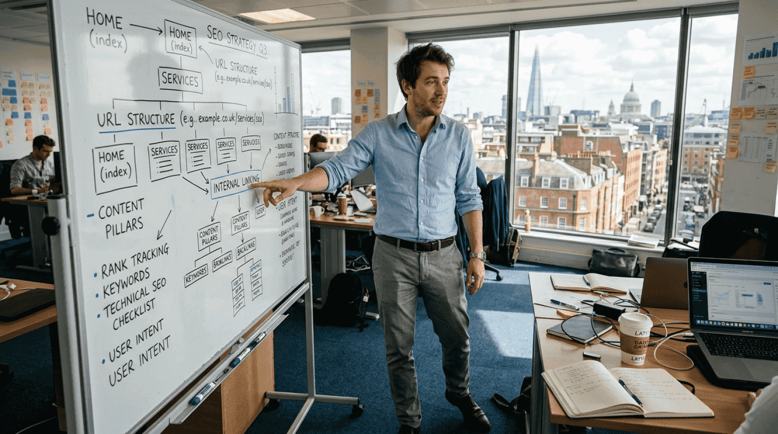 SEO consultant presenting website structure in UK office
